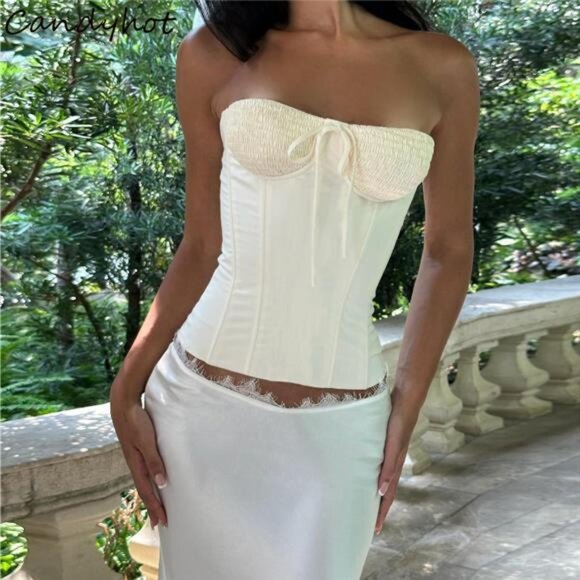 Candyhot Sexy Strapless Lace Up Backless Ruched Slim Solid Color Bodice Y2K - Picture 1 of 8